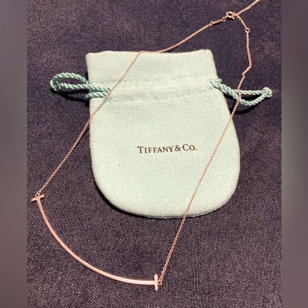 Authentic Tiffany 925 Sterling Silver Large T Smile Pendant Necklace Adj 16-18”